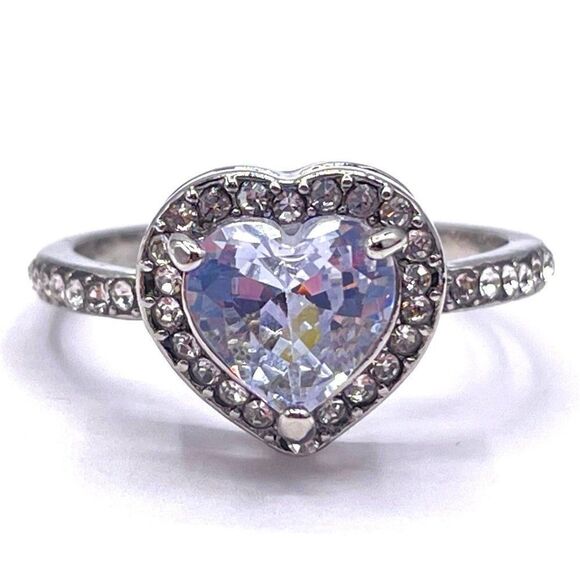 .925 Sterling Silver with White Cubic Zirconia Heart Ring Size 9.5 - Picture 1 of 8